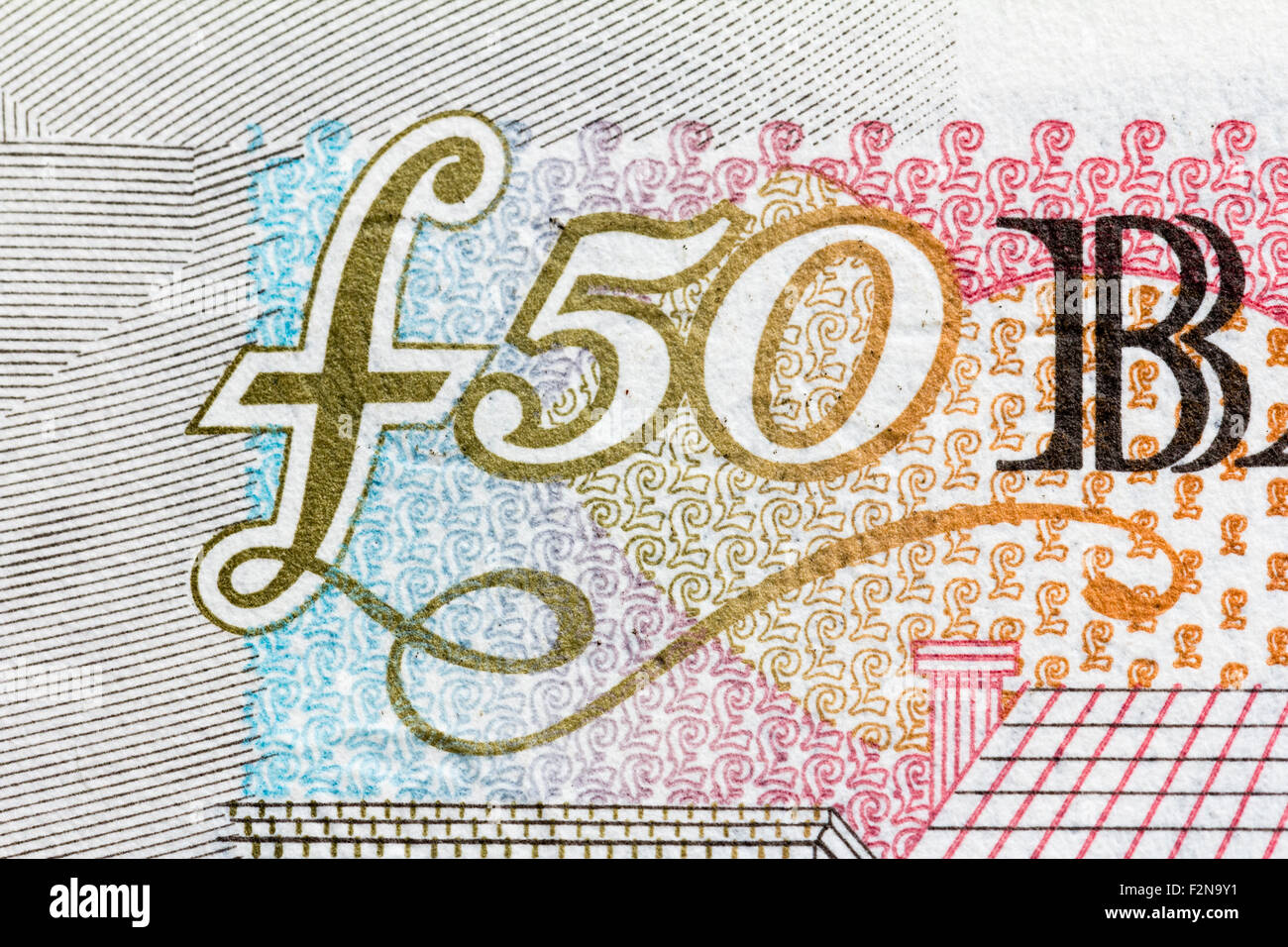 In prossimità della parte della sterlina inglese cinquanta pound nota, che mostra il numero di £50 Foto Stock
