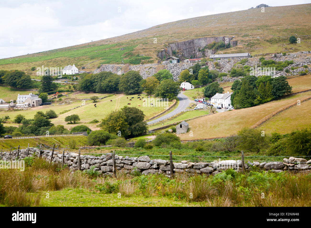 Villaggio cava e edifici, Merrivale, parco nazionale di Dartmoor, Devon, Inghilterra Foto Stock