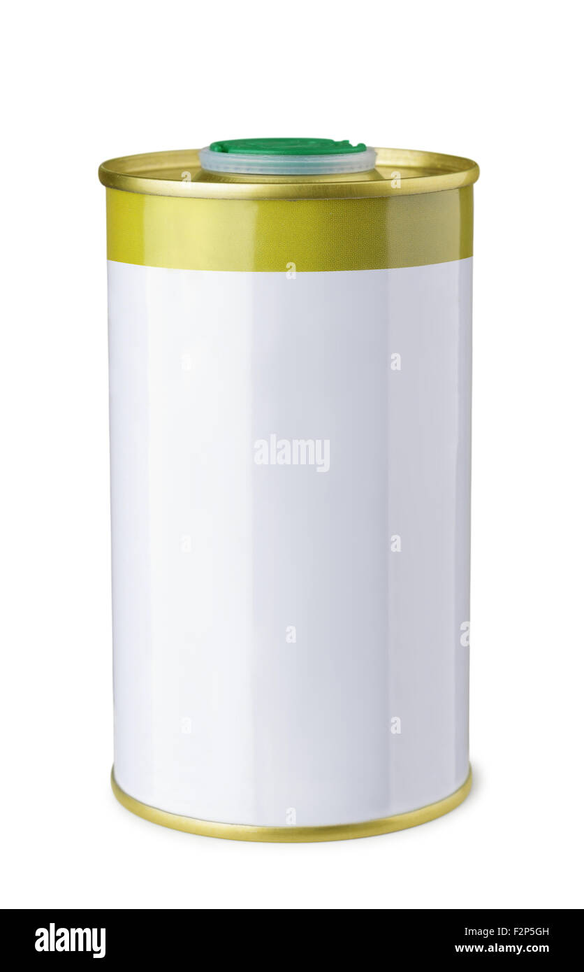 Olio di oliva lattina può isolato su bianco Foto Stock
