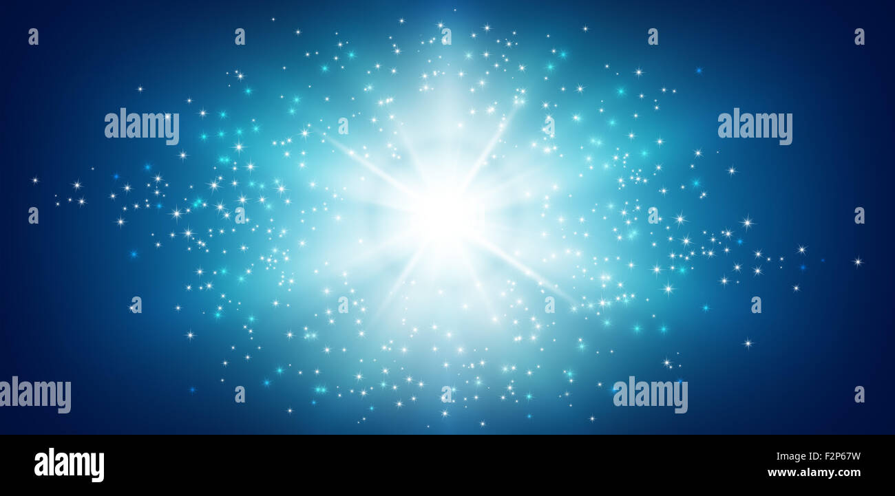 Shiny sfondo blu con stelle di esplosione di luce Foto Stock