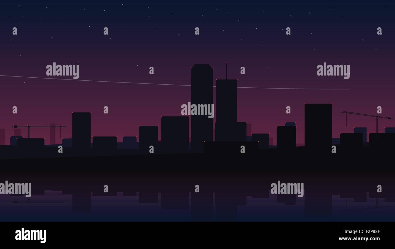 Notte tranquilla scena cittadina con le stelle nel cielo, edifici moderni. vettore sfondo astratto design Illustrazione Vettoriale