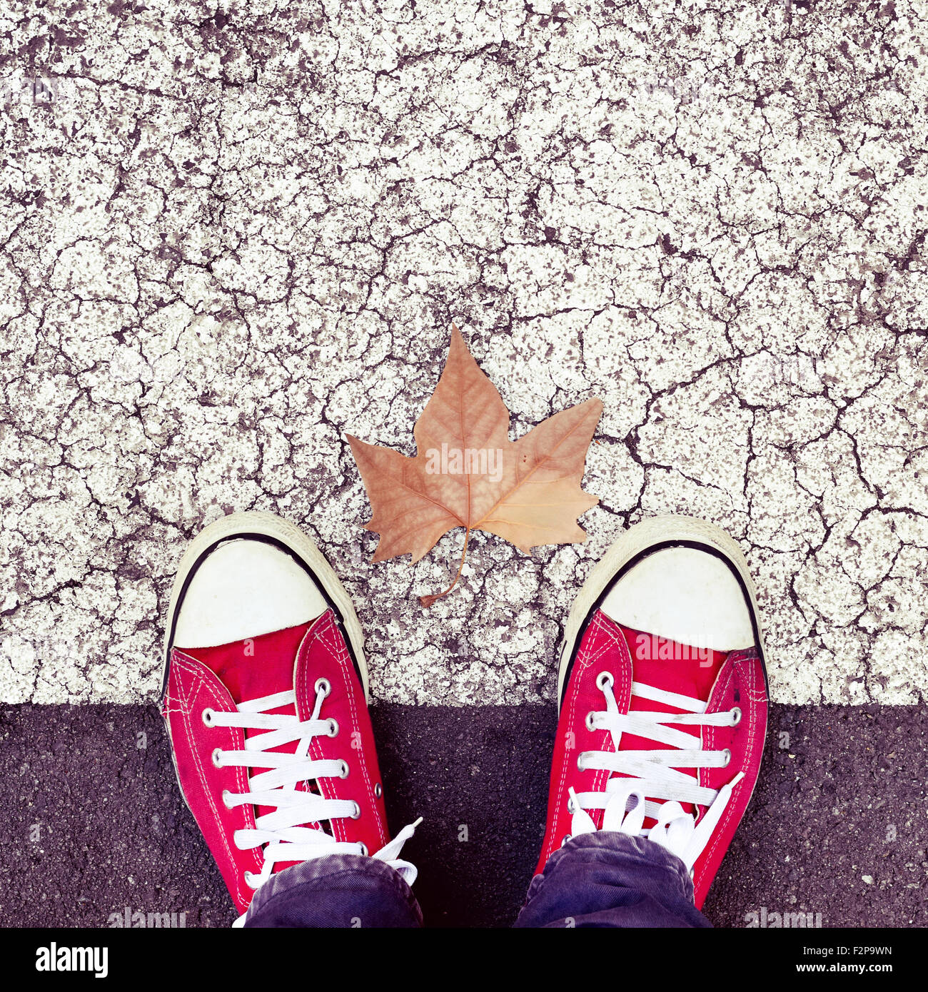 Alta angolazione di una foglia secca e i piedi di un uomo che indossa red sneakers sull'asfalto Foto Stock