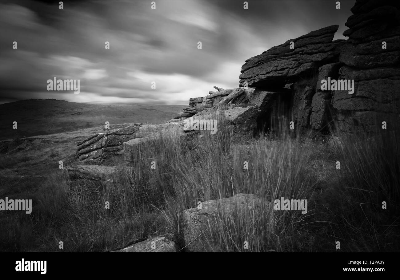 B&W Dartmoor Scena (fiocco Tor) Foto Stock