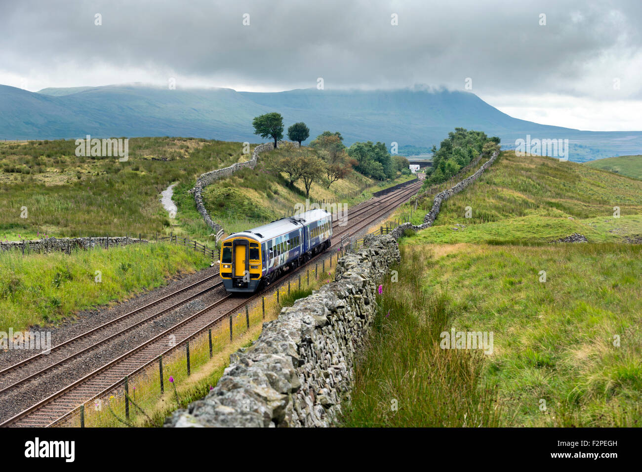 Un velocista treno passeggeri a Blea Moor sul arrivino a Carlisle linea ferroviaria, con Ingleborough hill in background Foto Stock