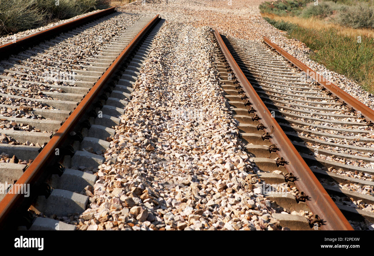 Binari del treno in costruzione. Dead line. Posizione orizzontale Foto Stock