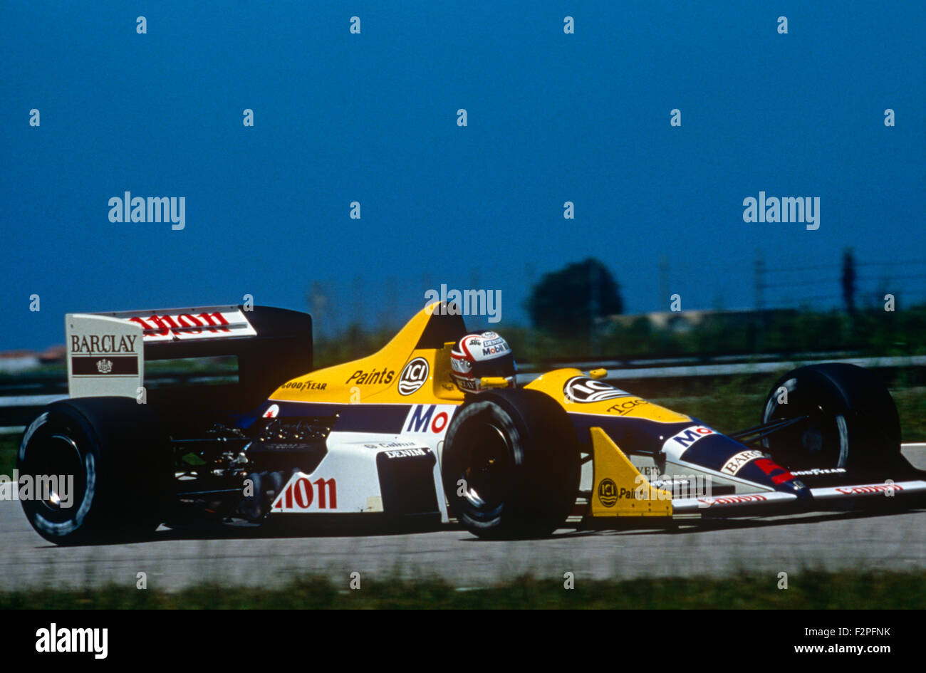 Nigel Mansell nella sua Williams Honda test pre stagione a Rio de Janeiro Foto Stock