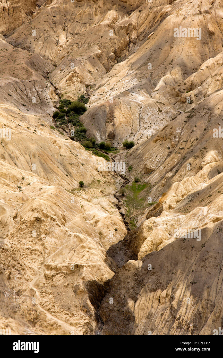 India, Jammu e Kashmir, Lamayaru, Valle della Luna, di erosione del flusso di acqua scolpita paesaggio di fango Foto Stock