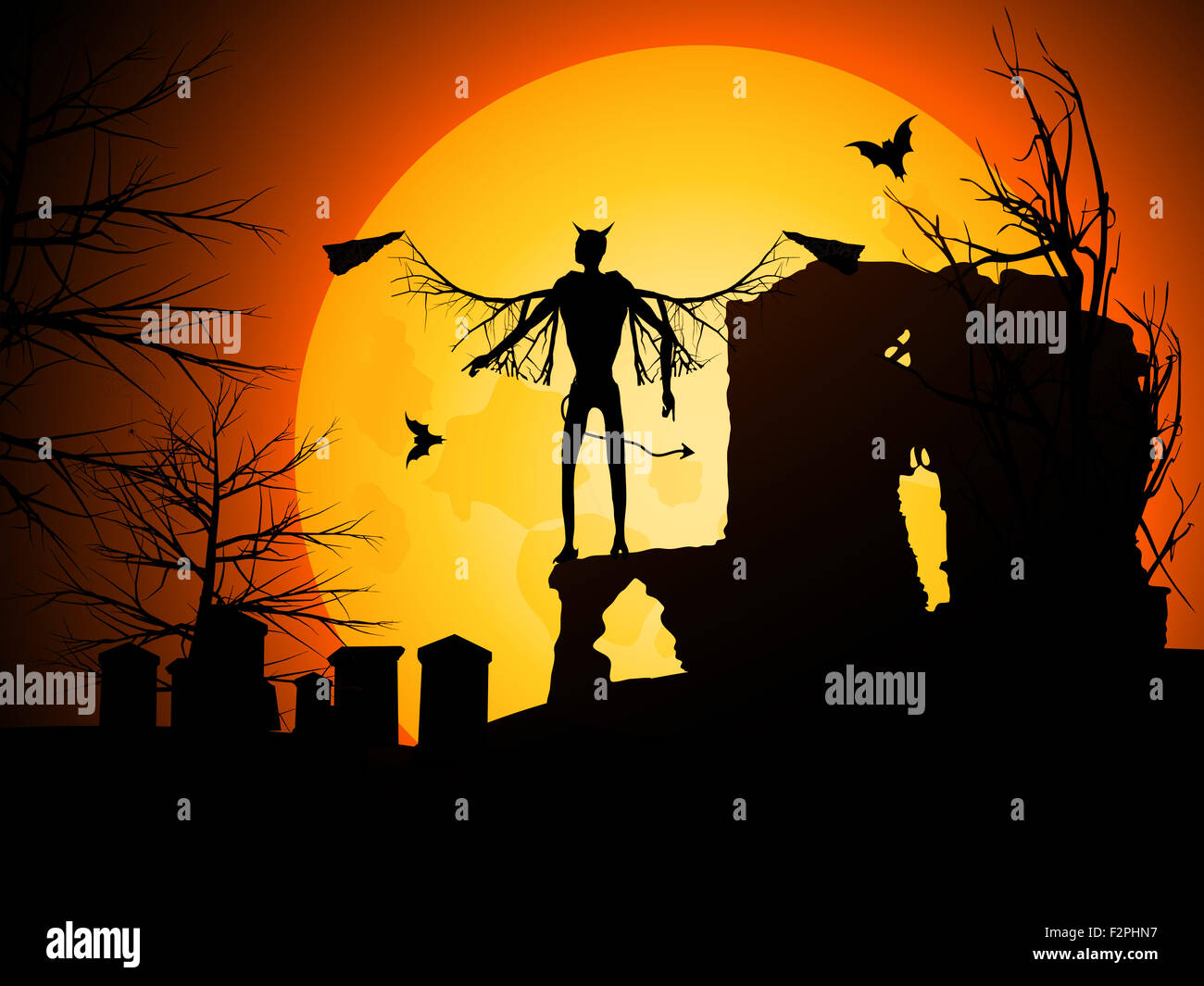 Halloween con Sfondo Devil pipistrelli e Luna Foto Stock