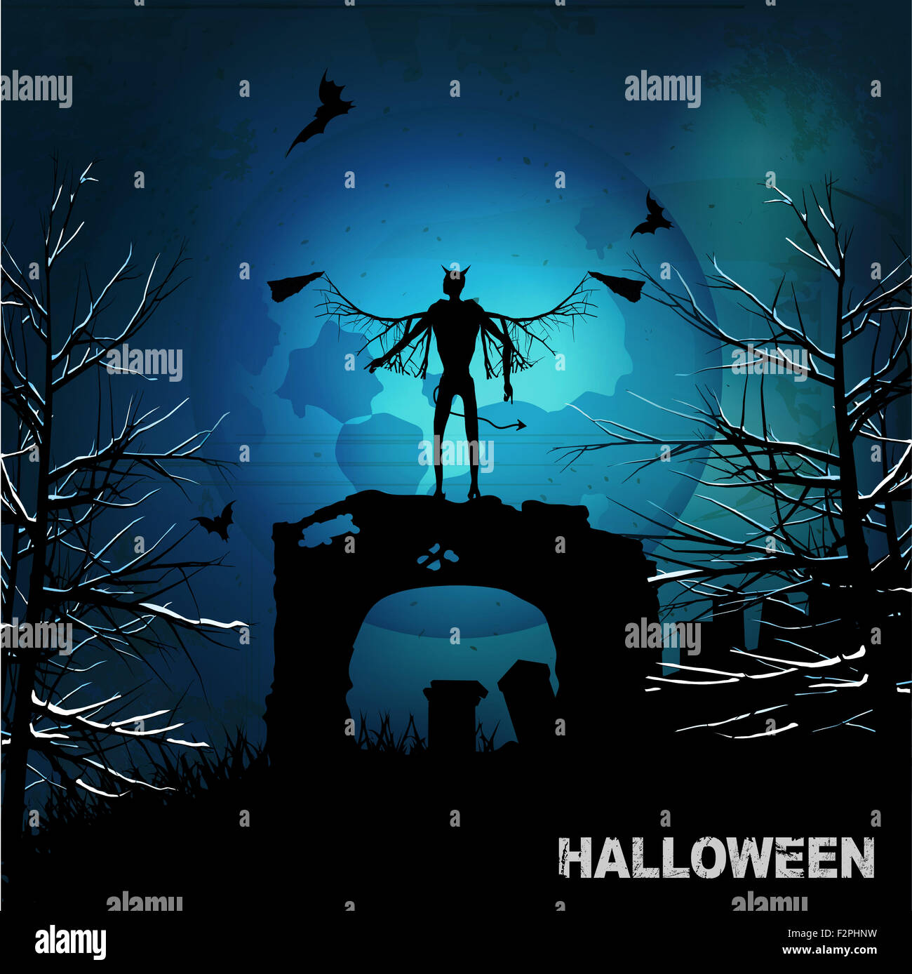 Halloween Grunge sfondo con Evil Angel pipistrelli Luna e alberi Foto Stock