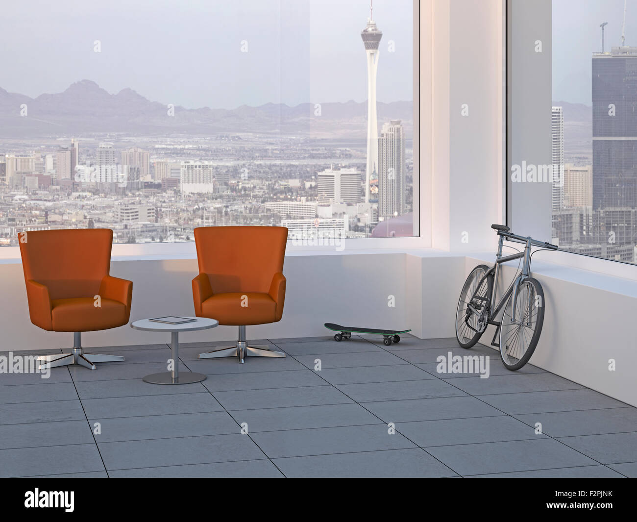 Una moderna sala riunioni con due sedie girevoli, skateboard e mountain bike, rendering 3D Foto Stock