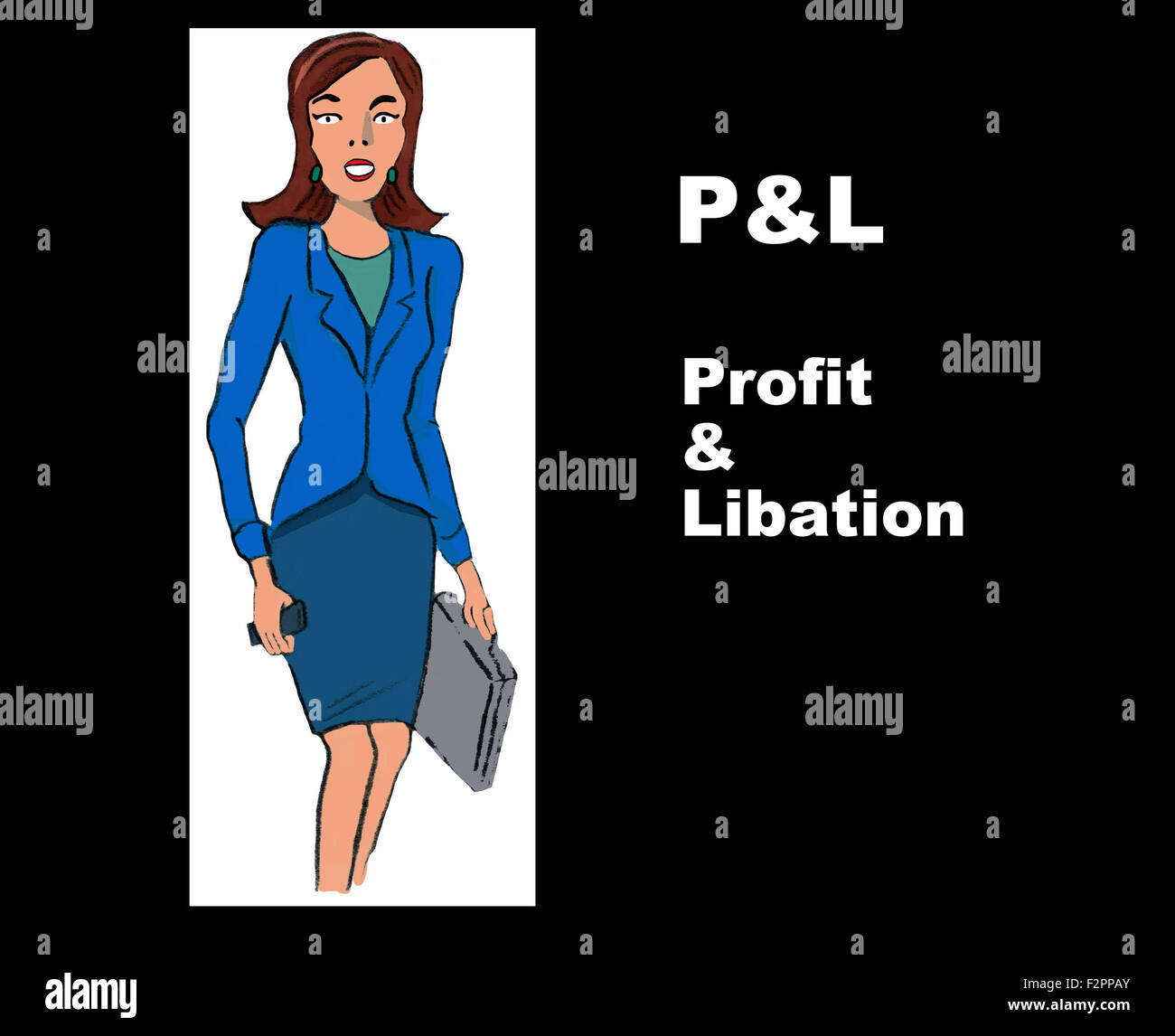 Illustrazione di business di imprenditrice e la sigla "P&L' con il gioco di parole "profitto & libagione'. Foto Stock