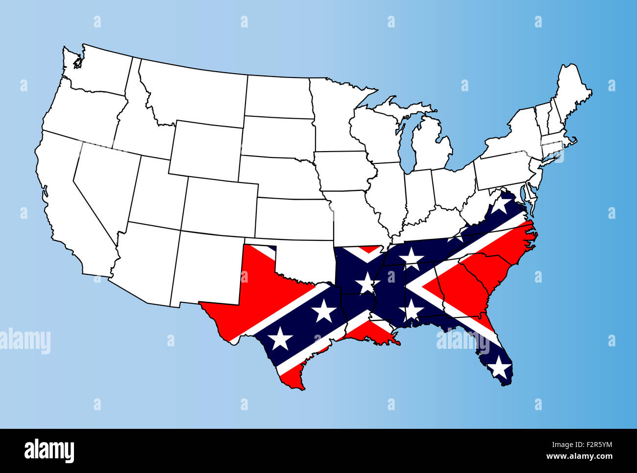 Un contorno mappa degli Stati Uniti d'America che mostra stati confederati contro la bandiera confederate Foto Stock