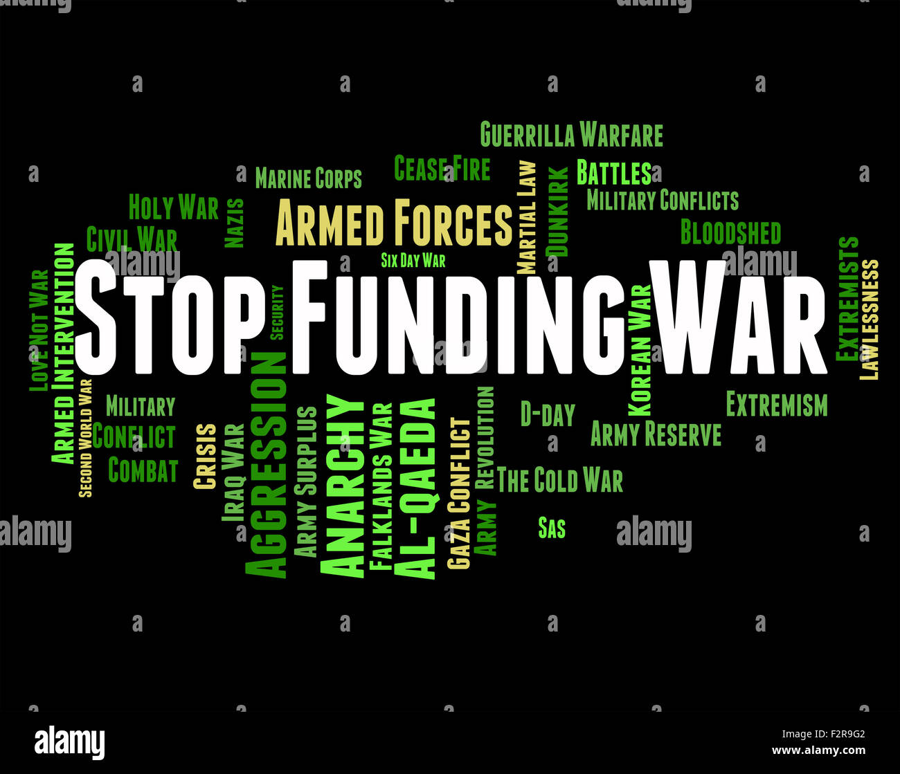 Smettere di finanziare la guerra che mostra le azioni militari e vietare Foto Stock