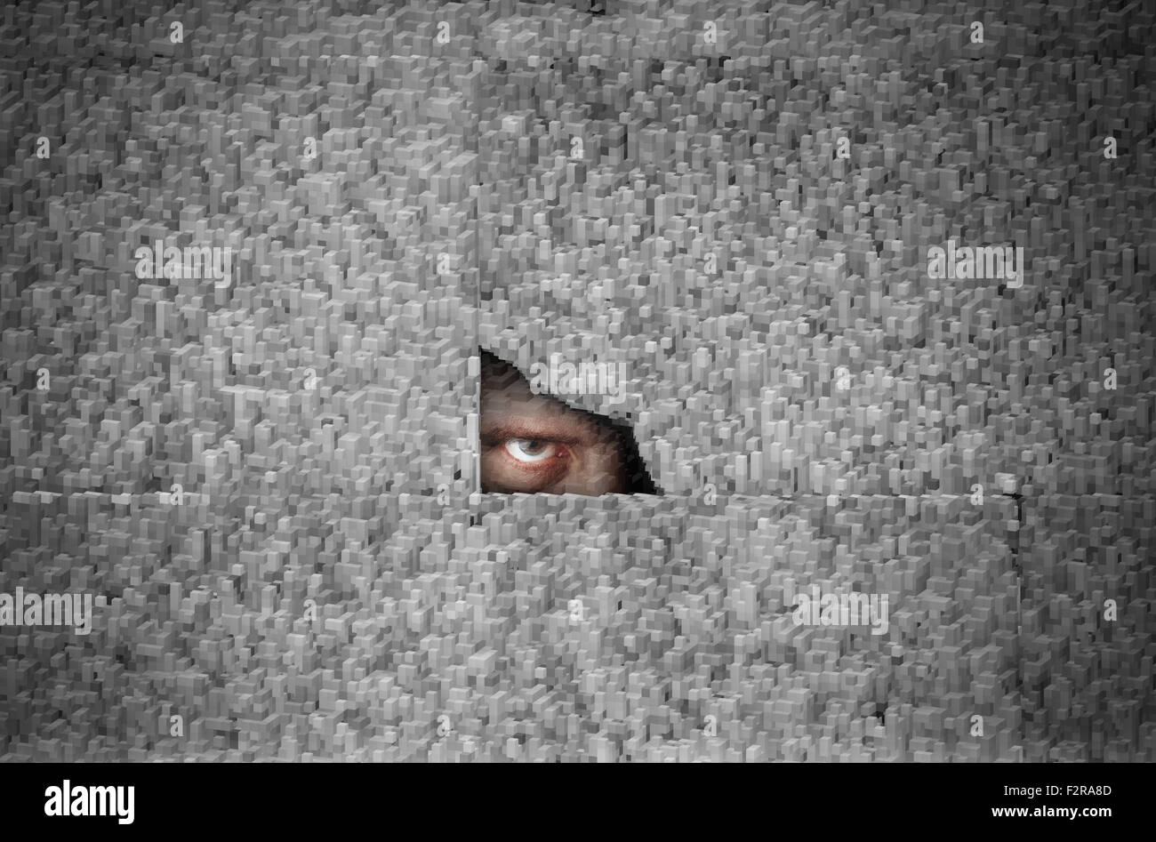 Un mans agli occhi guardando attraverso un foro in un grigio digitale parete alterata Foto Stock