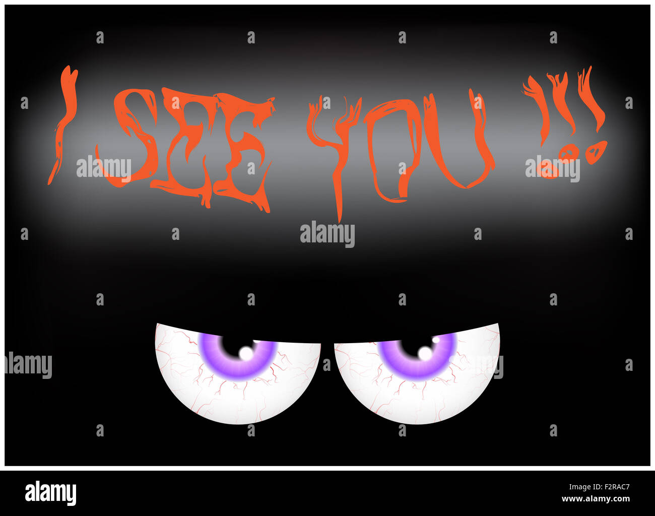 Immagine di happy Halloween spooky background design piatto. Illustrazione Vettoriale di invito scheda con scary sanguinosa occhi, bulbi oculari Foto Stock