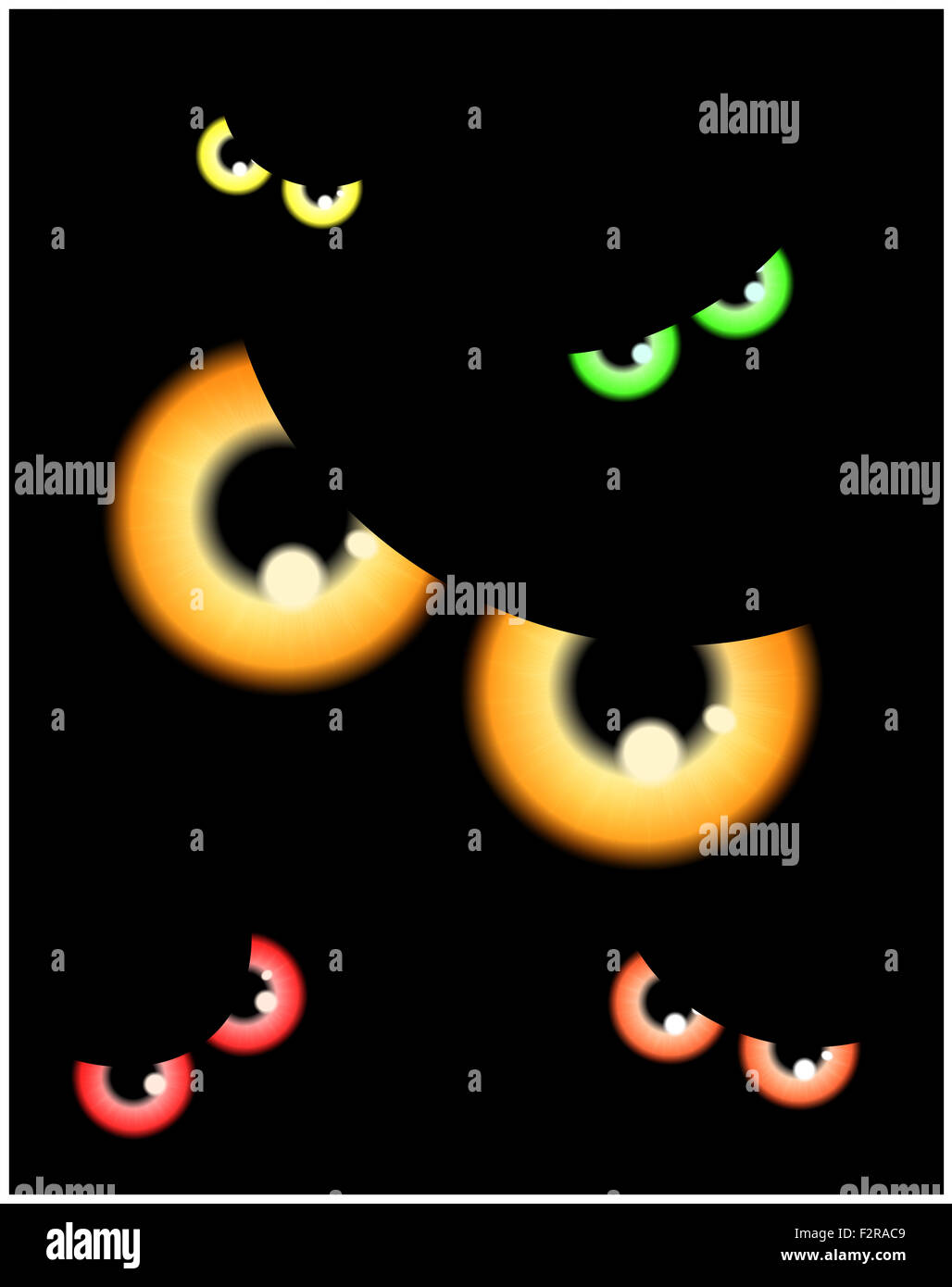 Immagine di happy Halloween spooky background design piatto. Illustrazione Vettoriale di invito scheda con scary sanguinosa occhi, bulbi oculari Foto Stock