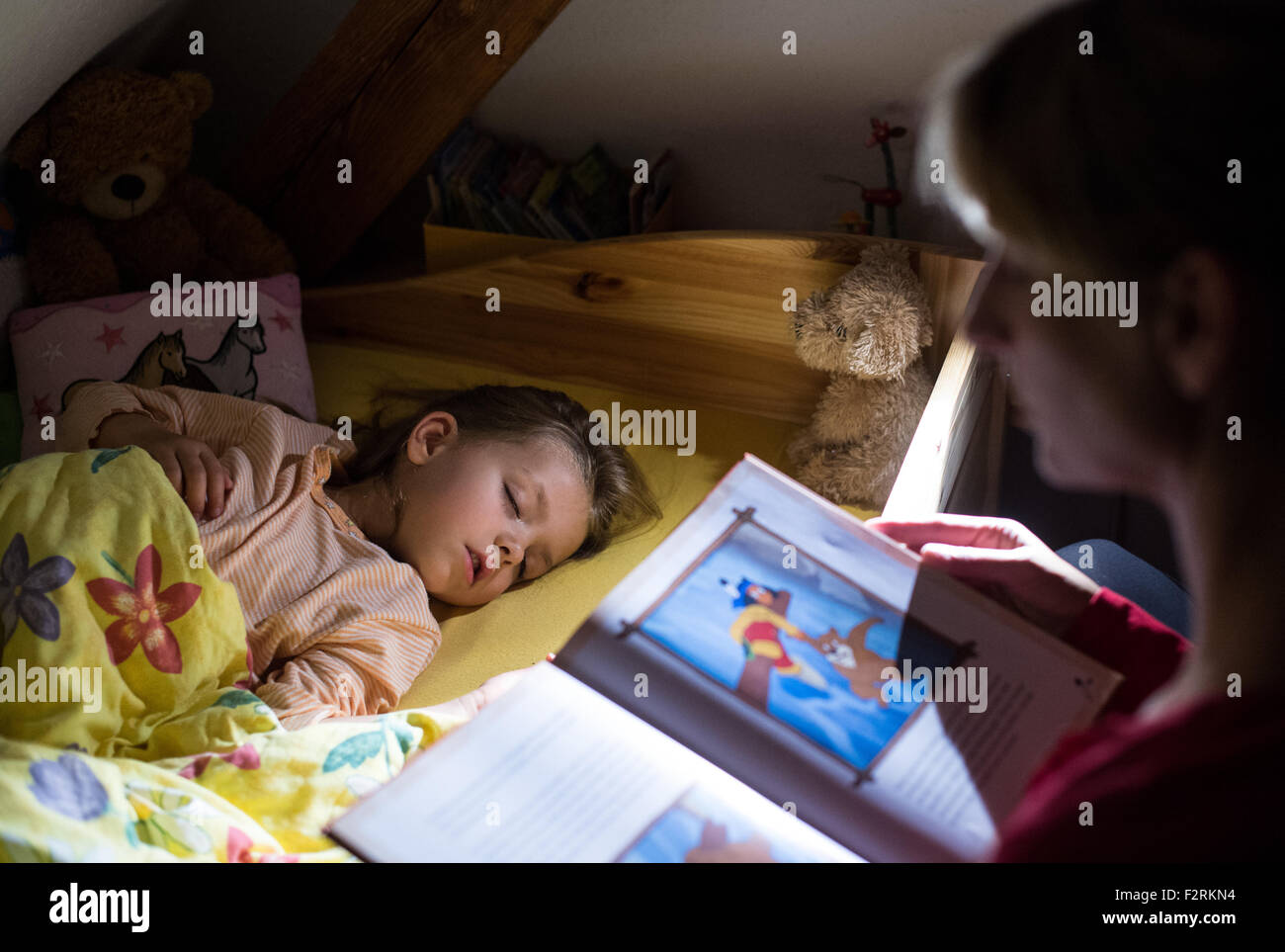 Una bambina di cinque anni si è addormentato durante la lettura prima di addormentarsi in Sieversdord (Brandeburgo), Germania, 13 settembre 2015. Foto: Patrick Pleul/dpa Modello rilasciato Foto Stock
