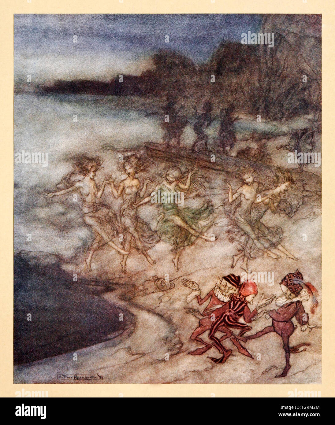'E sulle sabbie fulvo e ripiani viaggio il pert fatine e dapper elfi' da 'Comus' da John Milton, illustrazione di Arthur Rackham (1867-1939). Vedere la descrizione per maggiori informazioni. Foto Stock
