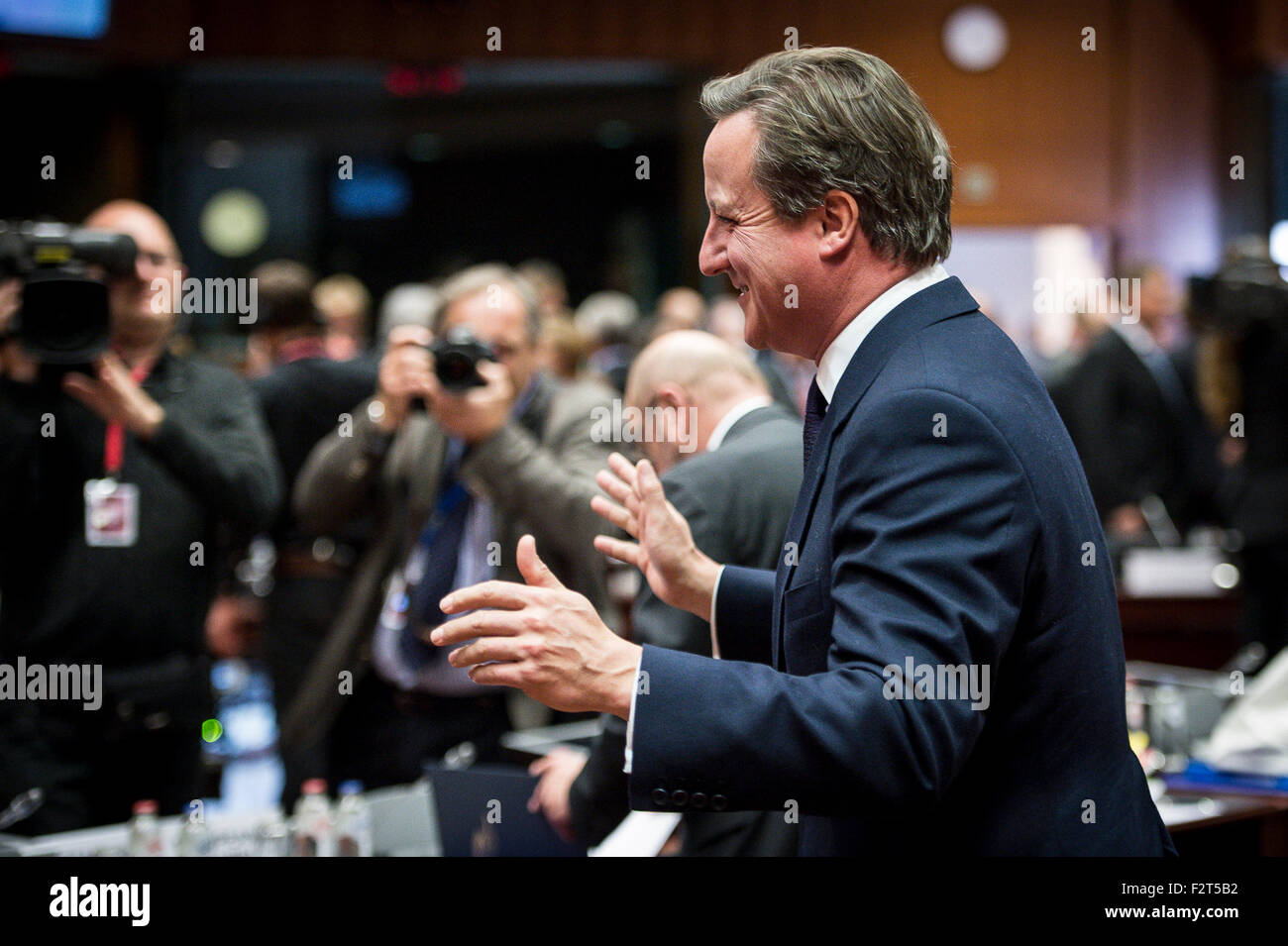 Primo Ministro britannico David Cameron prima dell'inizio di una straordinaria vertice UE sulla migrazione attuale e la crisi dei rifugiati, Bruxelles, Belgio il 23.09.2015 da Wiktor Dabkowski Foto Stock