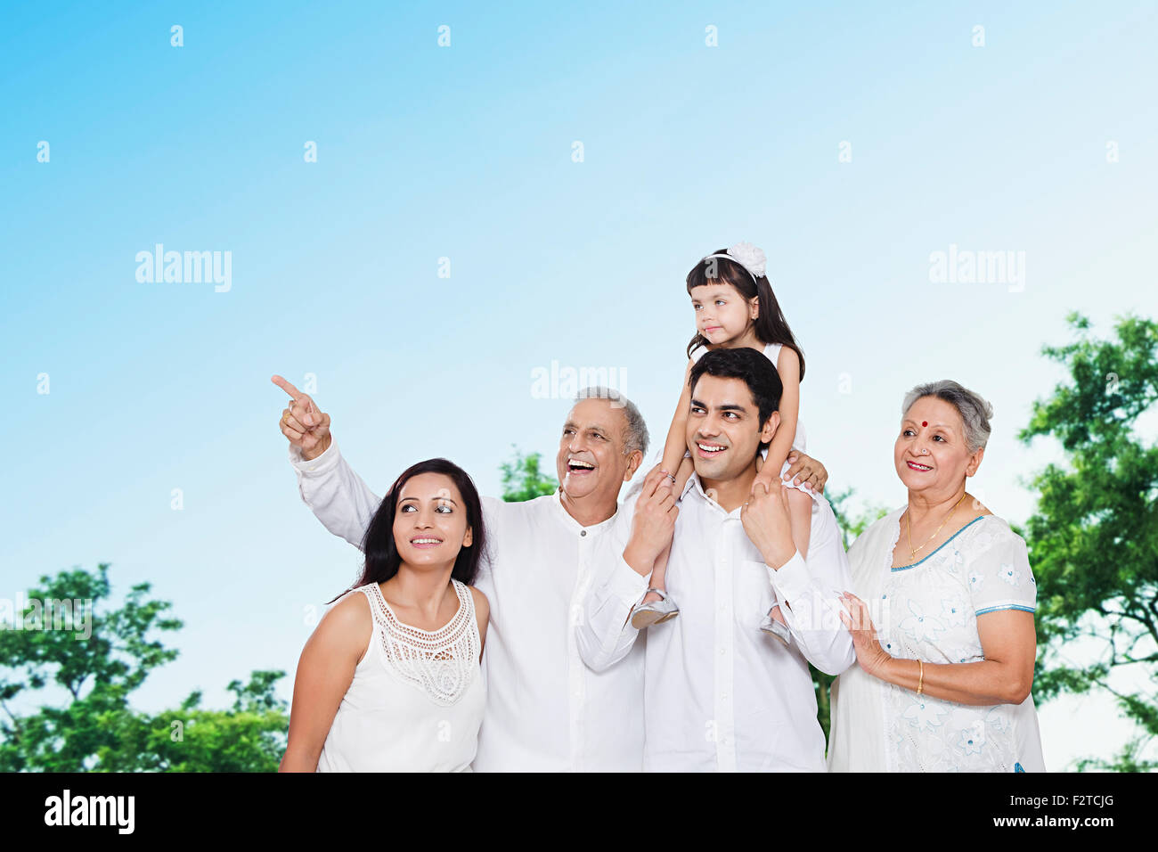 Gruppo indiano Joint family park puntare il dito che mostra Foto Stock