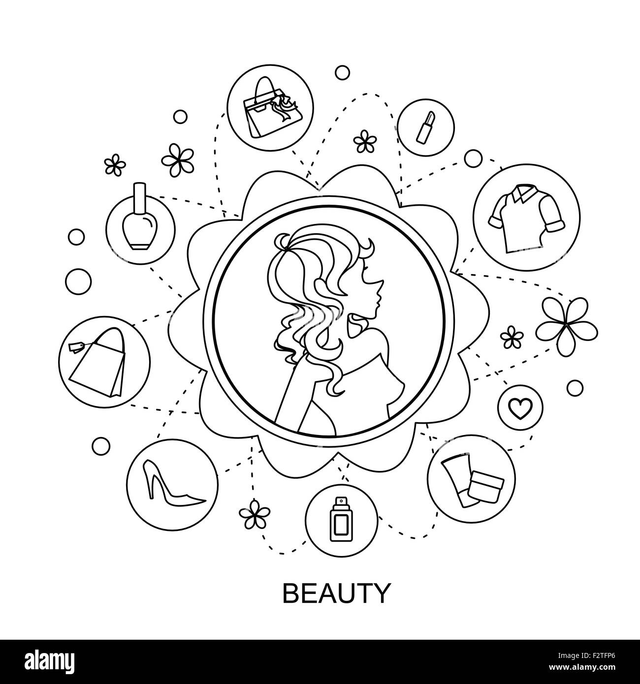 Bellissimo concetto: femmina con elementi di moda nel piatto stile linea Illustrazione Vettoriale