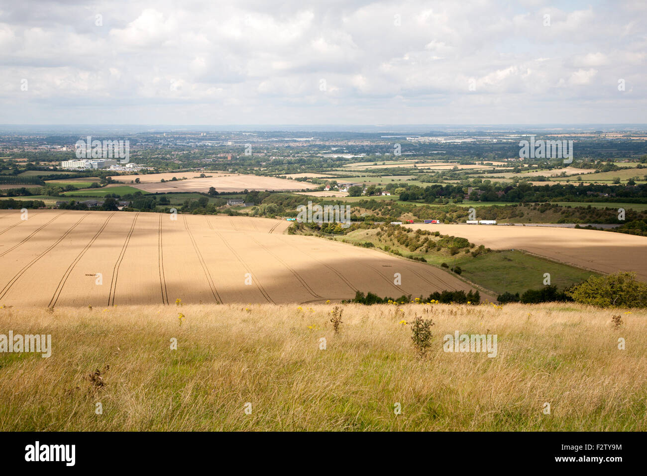 Paesaggio estivo di golden laminazione campi arabili vista nord dal vicino castello di Liddington, Wiltshire, Inghilterra UK M4 Swindon Foto Stock