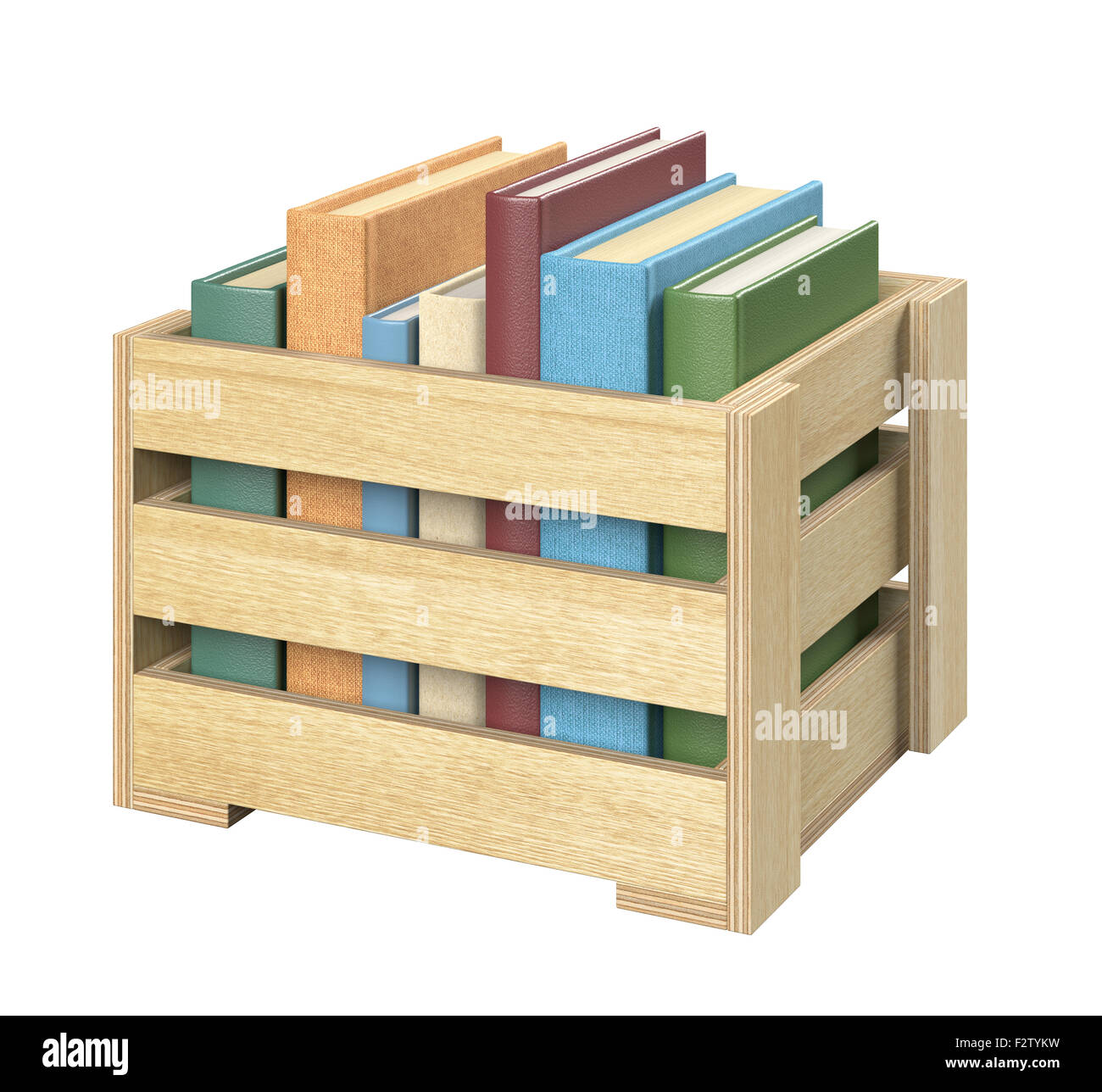 I libri in una scatola di legno, isolato Foto Stock