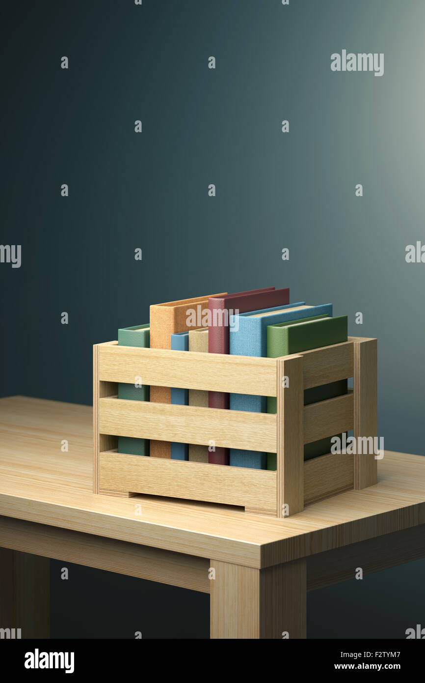 Libri in cassetta di legno sul tavolo. Fotorealistic render 3d. Foto Stock