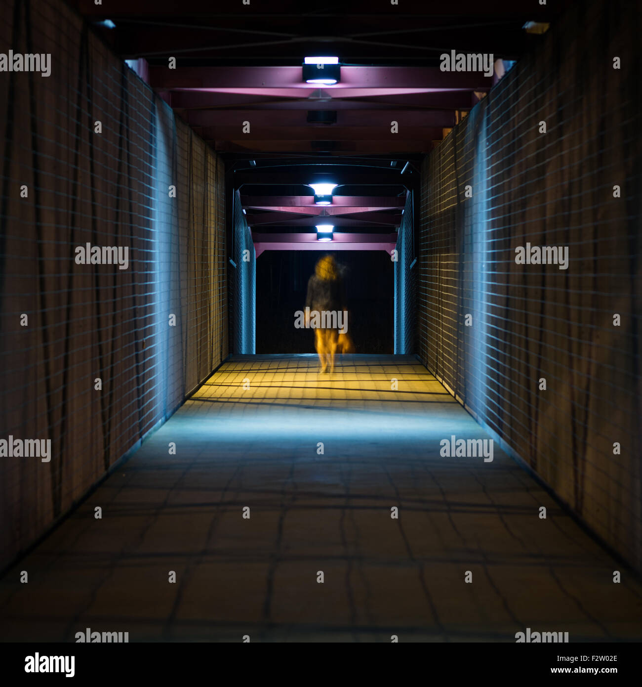 Donna sfocata la figura del ponte metallico tunnel. Foto Stock