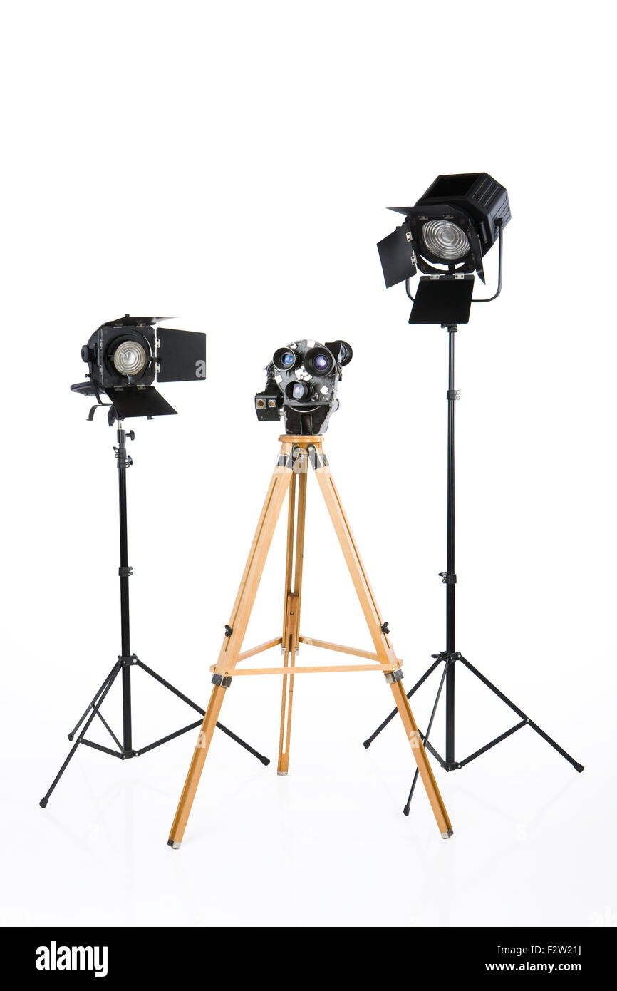 Filmato di illuminazione della fotocamera stand proiettore proiettore cinema studio cameraman direttore produttore arte lavoro lavoro oggetto isolato dispositivo Foto Stock