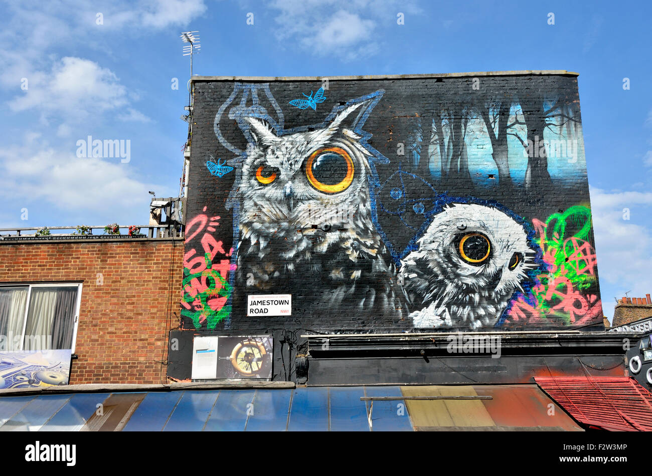 Londra, Inghilterra, Regno Unito. Camden - Owl murale di Jamestown Road Foto Stock