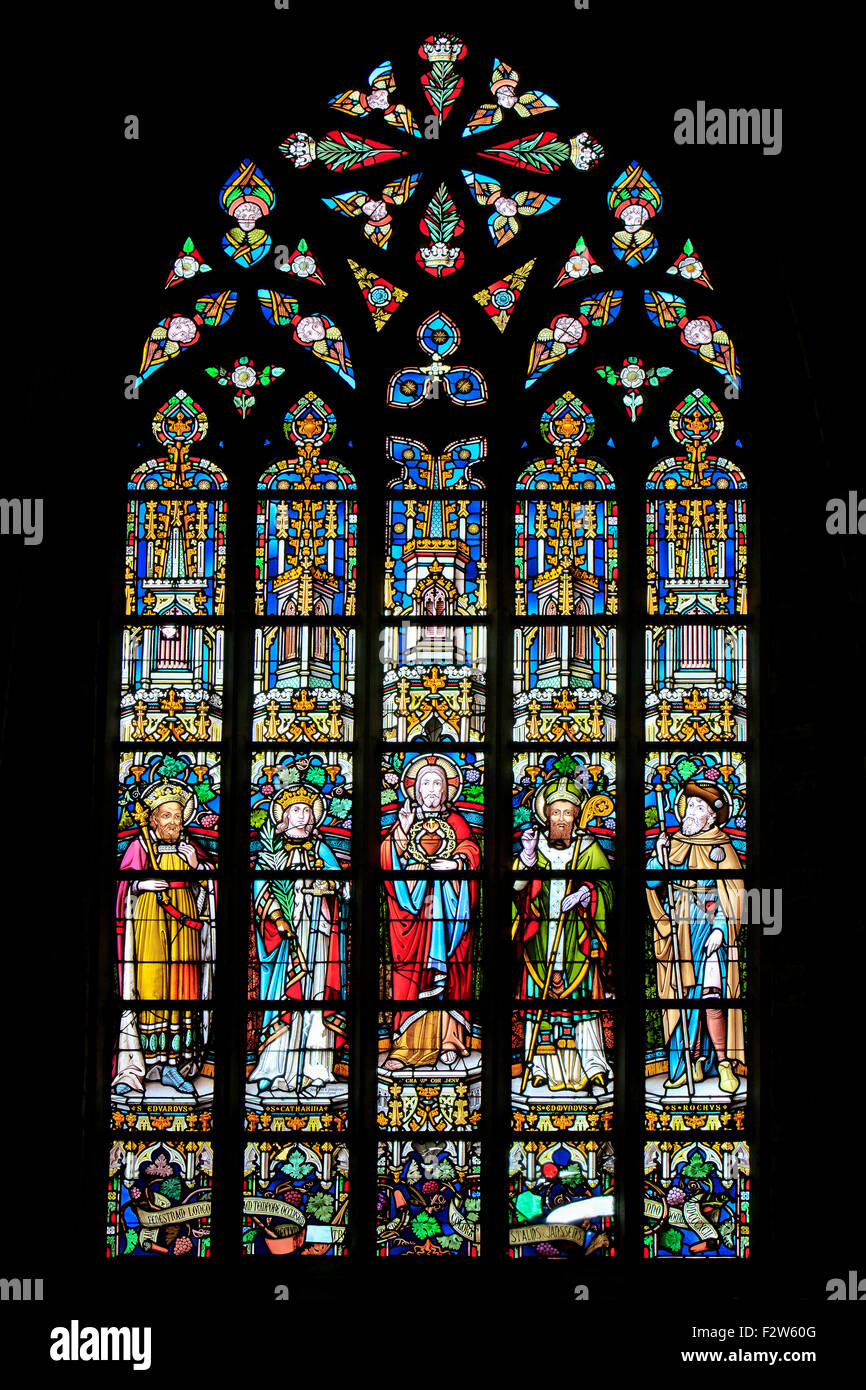 Bella vetrata presso la chiesa di Santa Caterina (XIV secolo) in Mechelen, Belgio Foto Stock