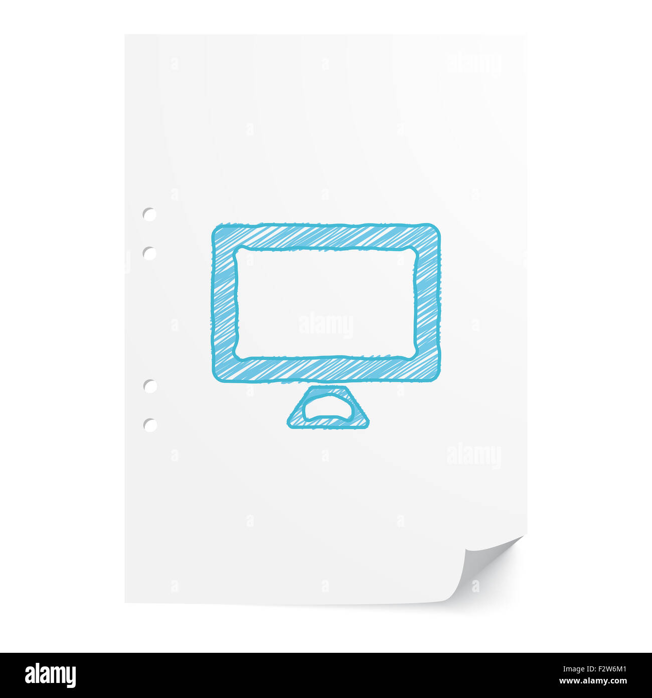 Handdrawn blu sullo schermo del computer illustrazione sul foglio di carta bianco con spazio di copia Foto Stock