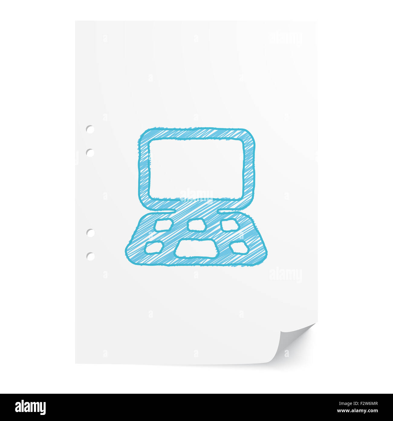 Blu calcolatore handdrawn illustrazione sul foglio di carta bianco con spazio di copia Foto Stock