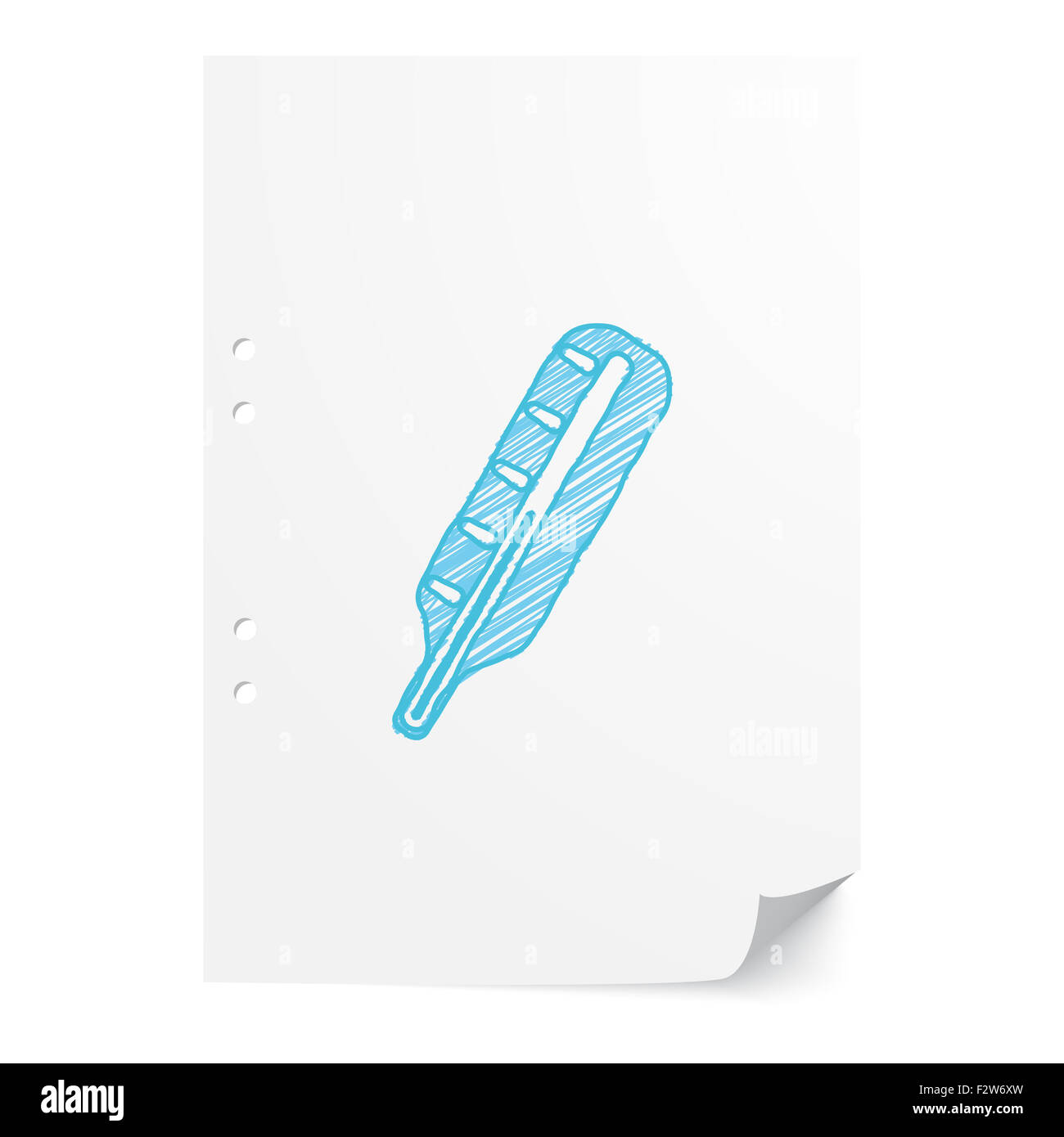 Blu termometro handdrawn illustrazione sul foglio di carta bianco con spazio di copia Foto Stock