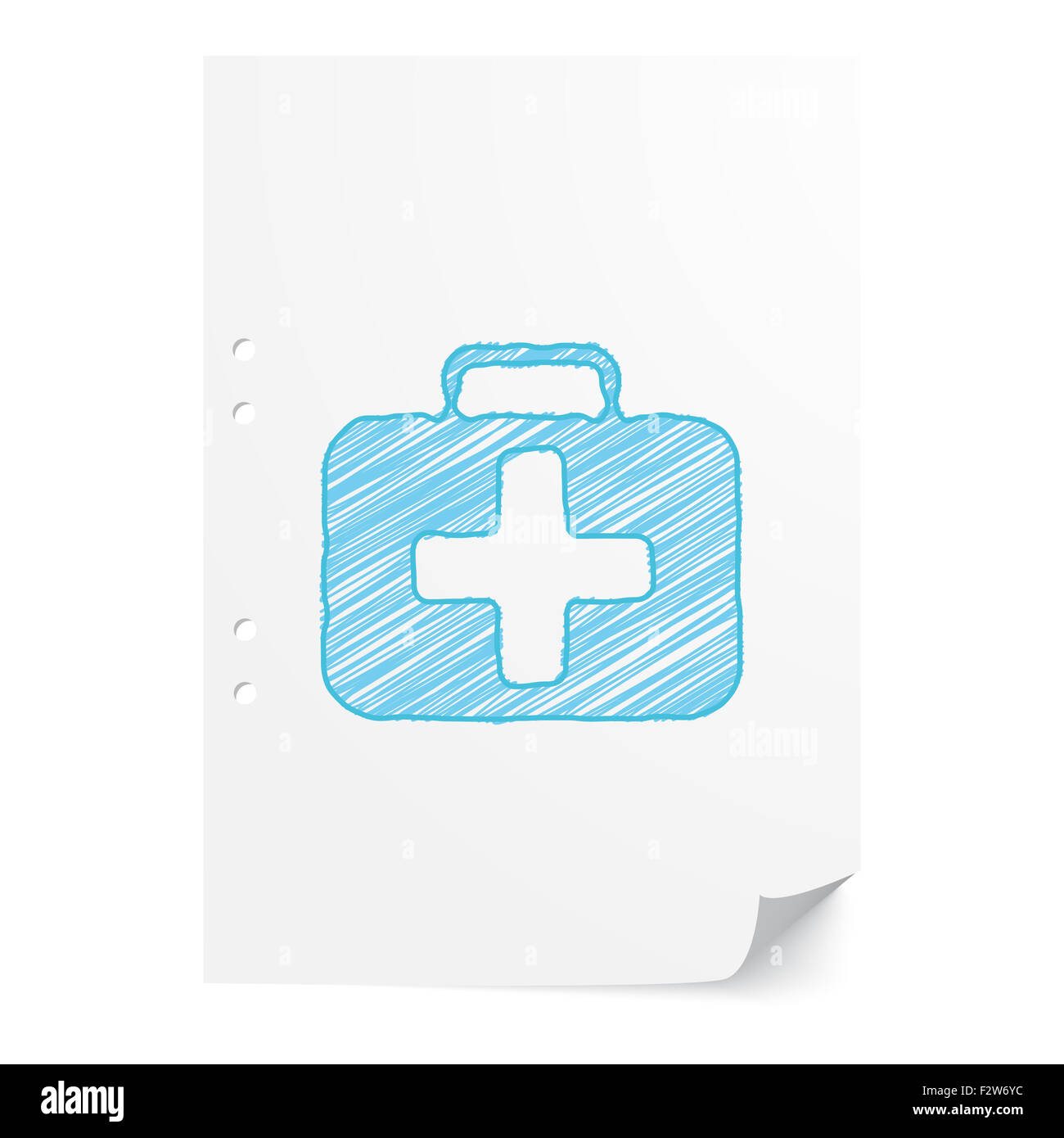 Handdrawn blu Kit di primo soccorso illustrazione sul foglio di carta bianco con spazio di copia Foto Stock