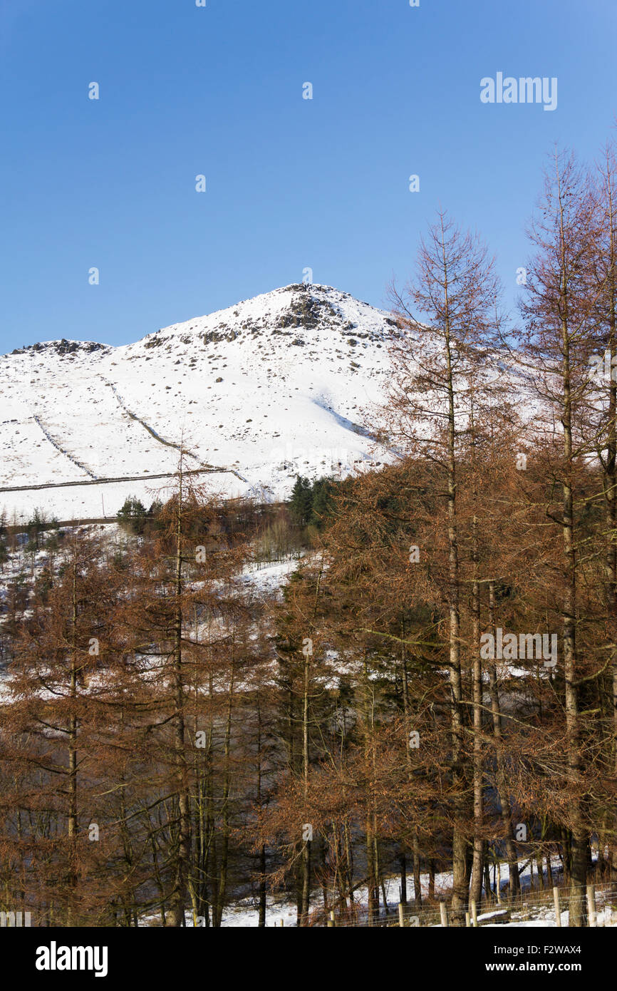 Coperta di neve Saddleworth Moor Dovestone affacciato sul serbatoio e alberi circostanti. Foto Stock