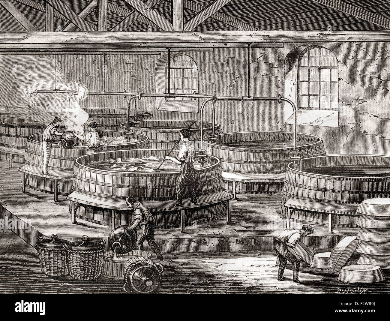 La fabbricazione del sapone in serbatoi di grandi dimensioni nel XIX secolo. Foto Stock