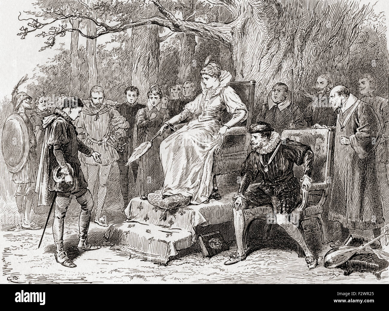 Una scena di William Shakespeare Amore del lavoro perso, atto 5, scena 2. Mercade: "Mi dispiace, signora; per le notizie che mi portano è pesante nella mia lingua madre'. Illustrazione da Gordon Browne. Foto Stock
