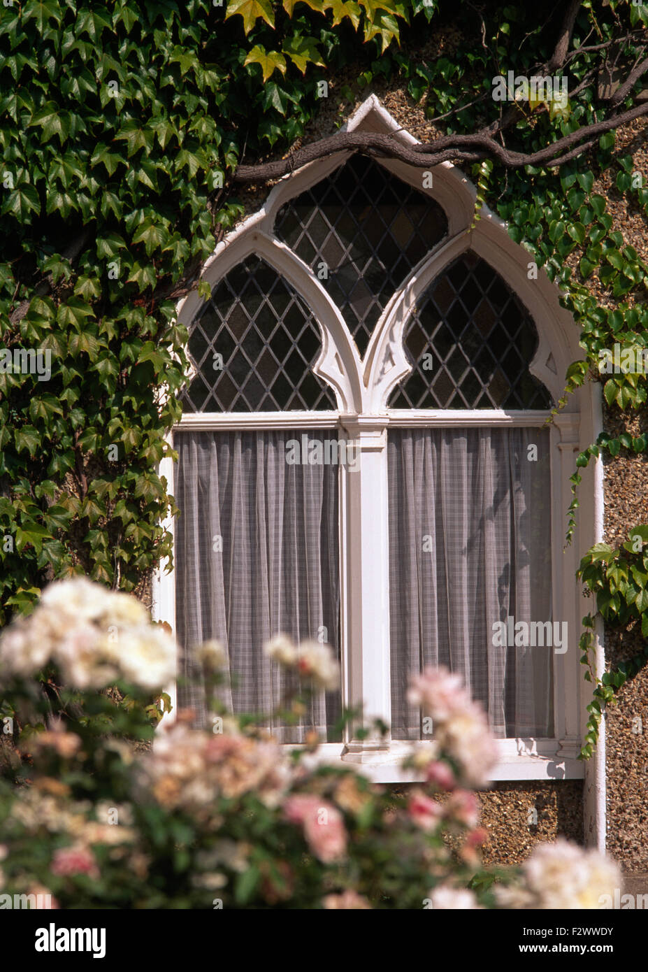 Close-up di una finestra gotica con tendine Foto Stock