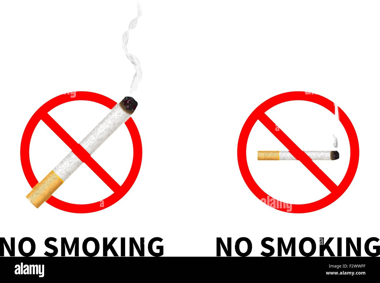 Non fumare vietato segni con realistica sigaretta, isolato su bianco. Illustrazione Vettoriale