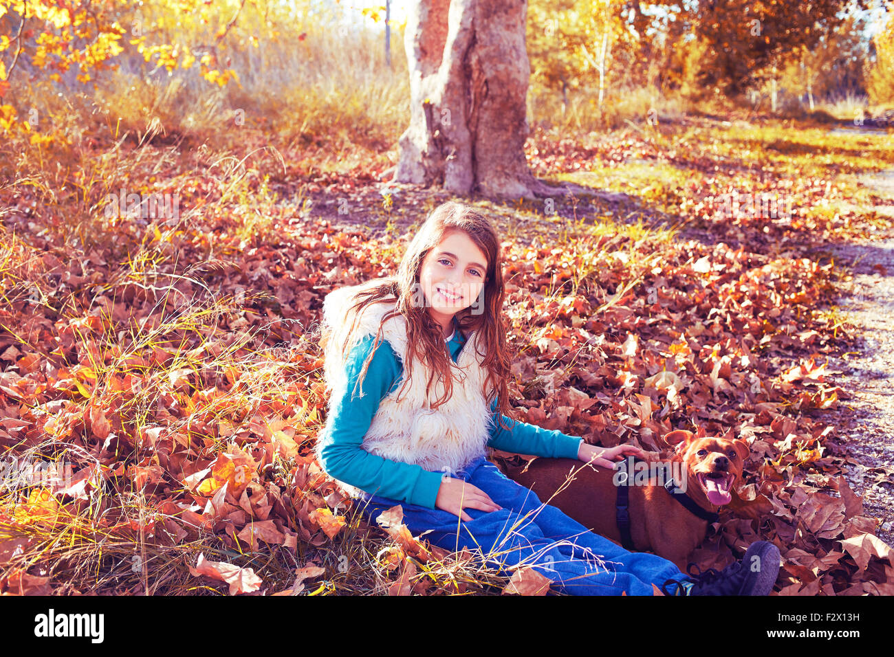 Autunno kid ragazza con cane rilassato nella foresta di caduta nel Parc de Turia Valencia Spagna Foto Stock