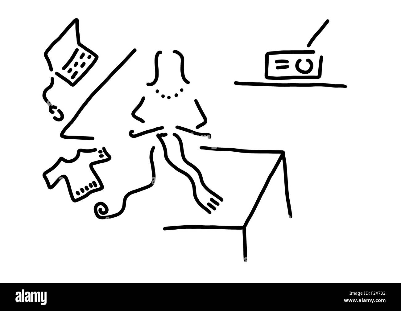 Laptop, donna maglia Sciarpa, linea disegno, in bianco e nero Foto Stock