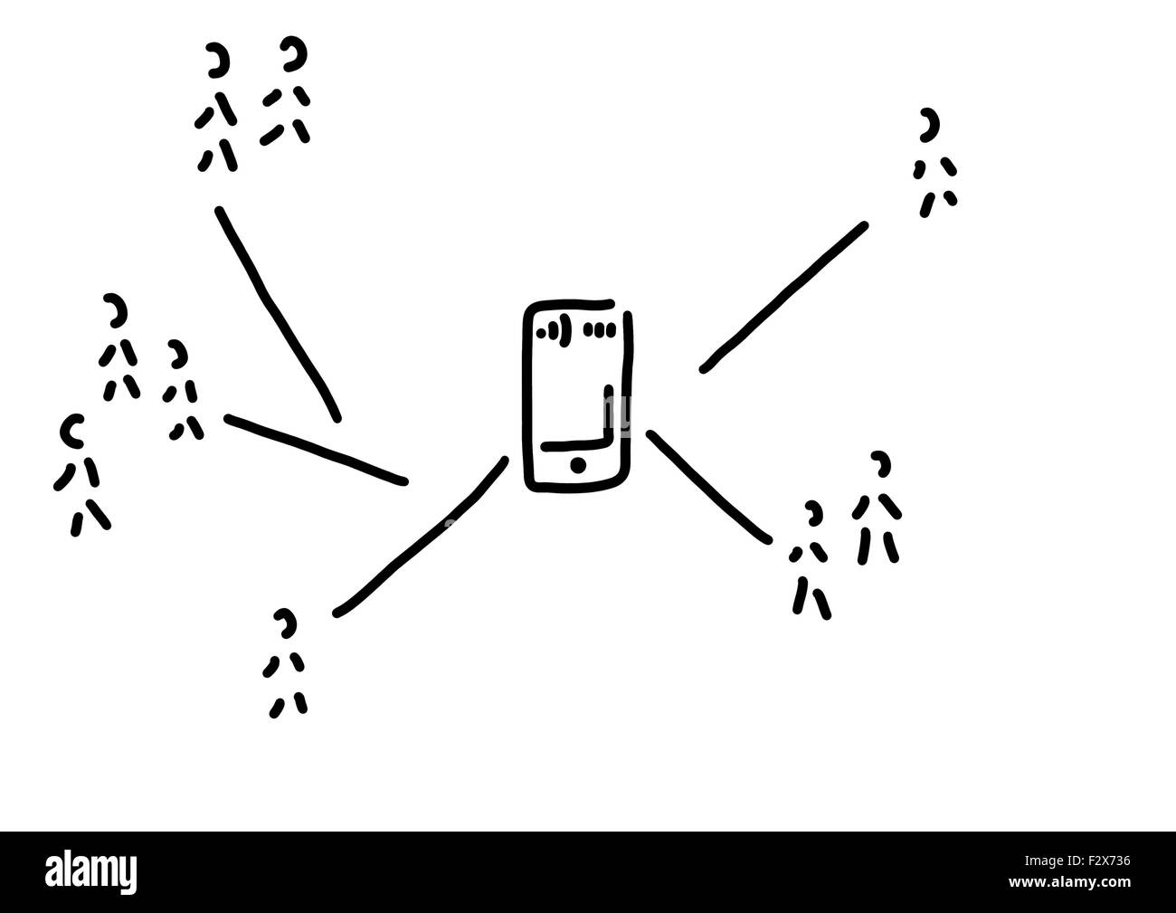 Social network con lo smartphone, un disegno a righe, in bianco e nero Foto Stock