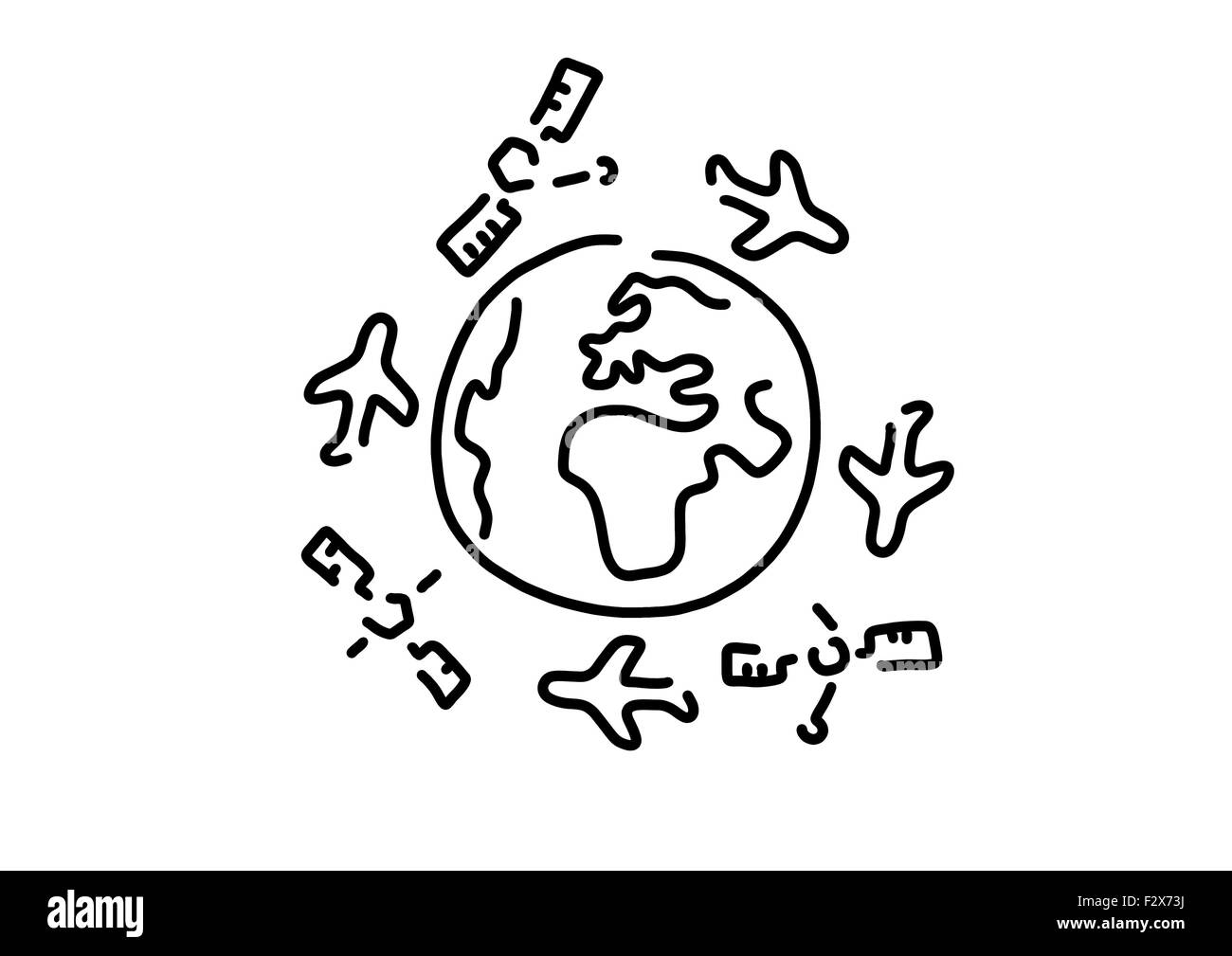 In giro per il mondo, aeroplani, satelliti, un disegno a righe, in bianco e nero Foto Stock