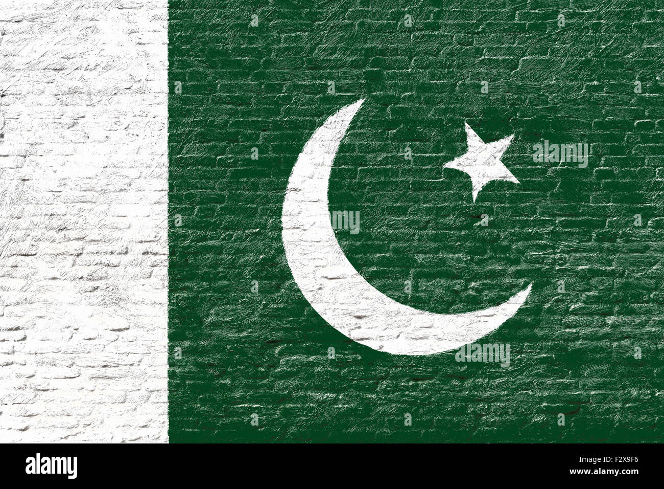 Pakistan - la bandiera nazionale sul muro di mattoni Foto Stock