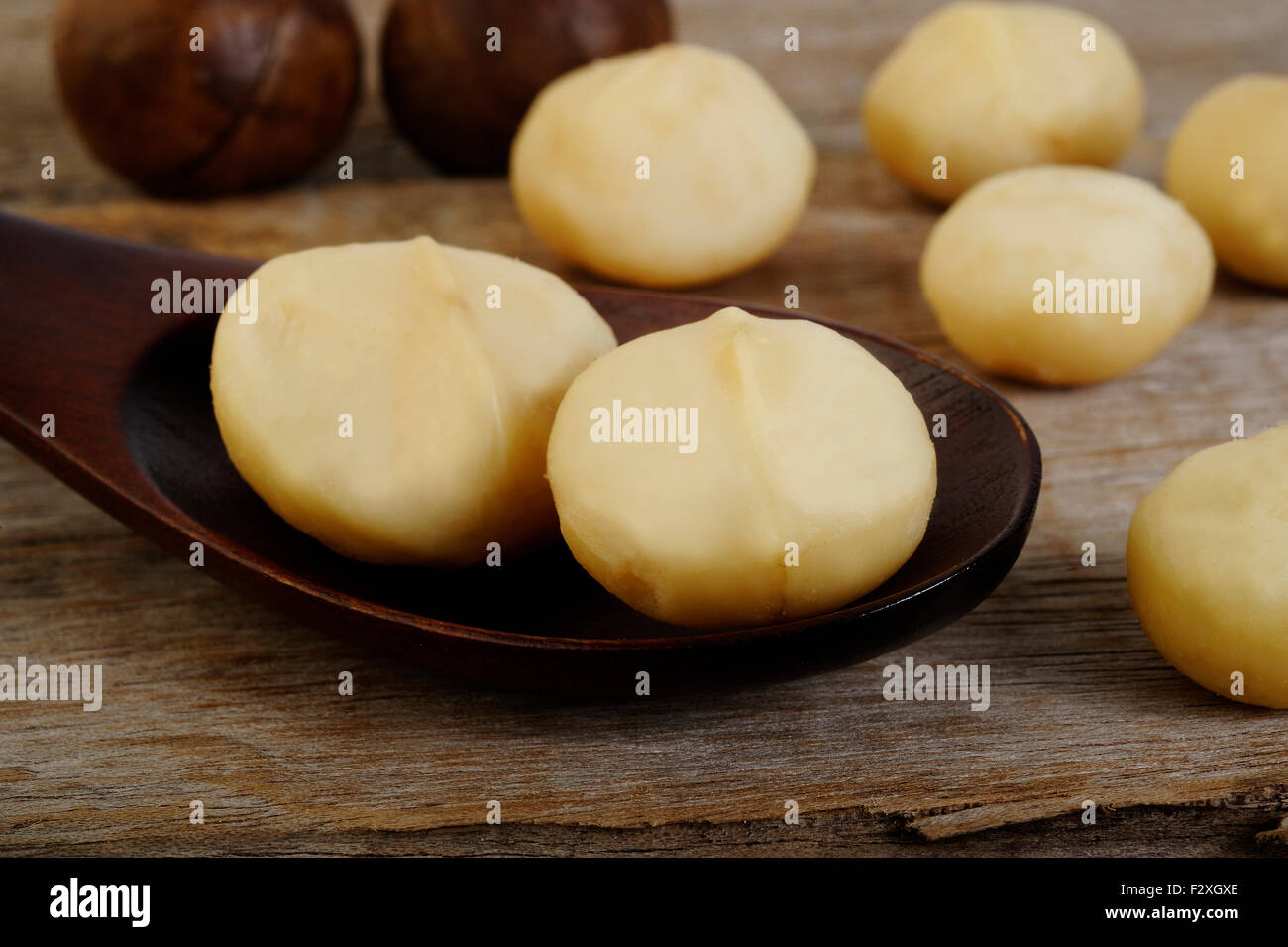 Noci di macadamia sul cucchiaio di legno Foto Stock
