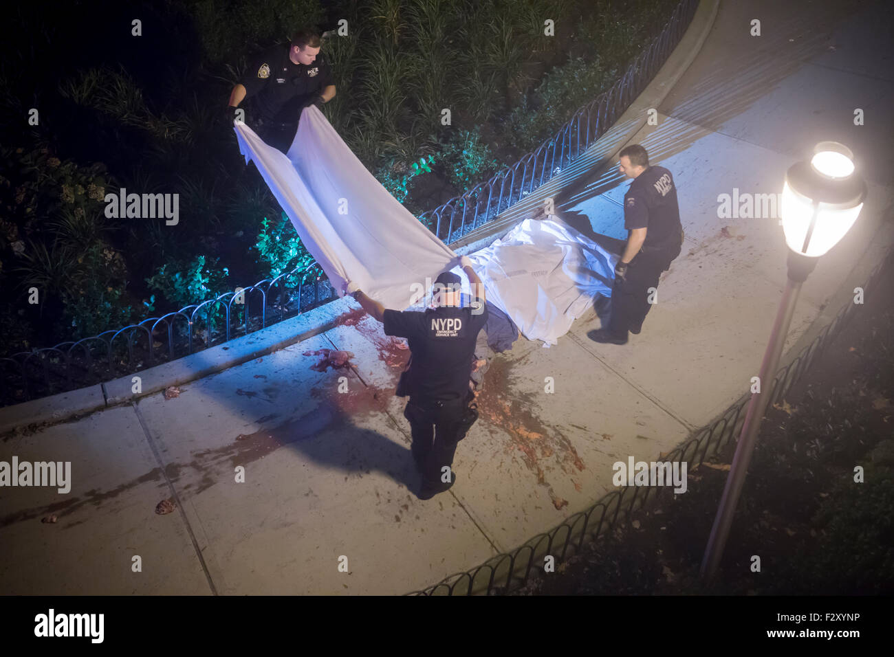 Il materiale grafico: NYPD ufficiali indagare le conseguenze di un suicidio che salta fuori da un edificio a New York sabato 19 settembre, 2015. (© Richard B. Levine) Foto Stock