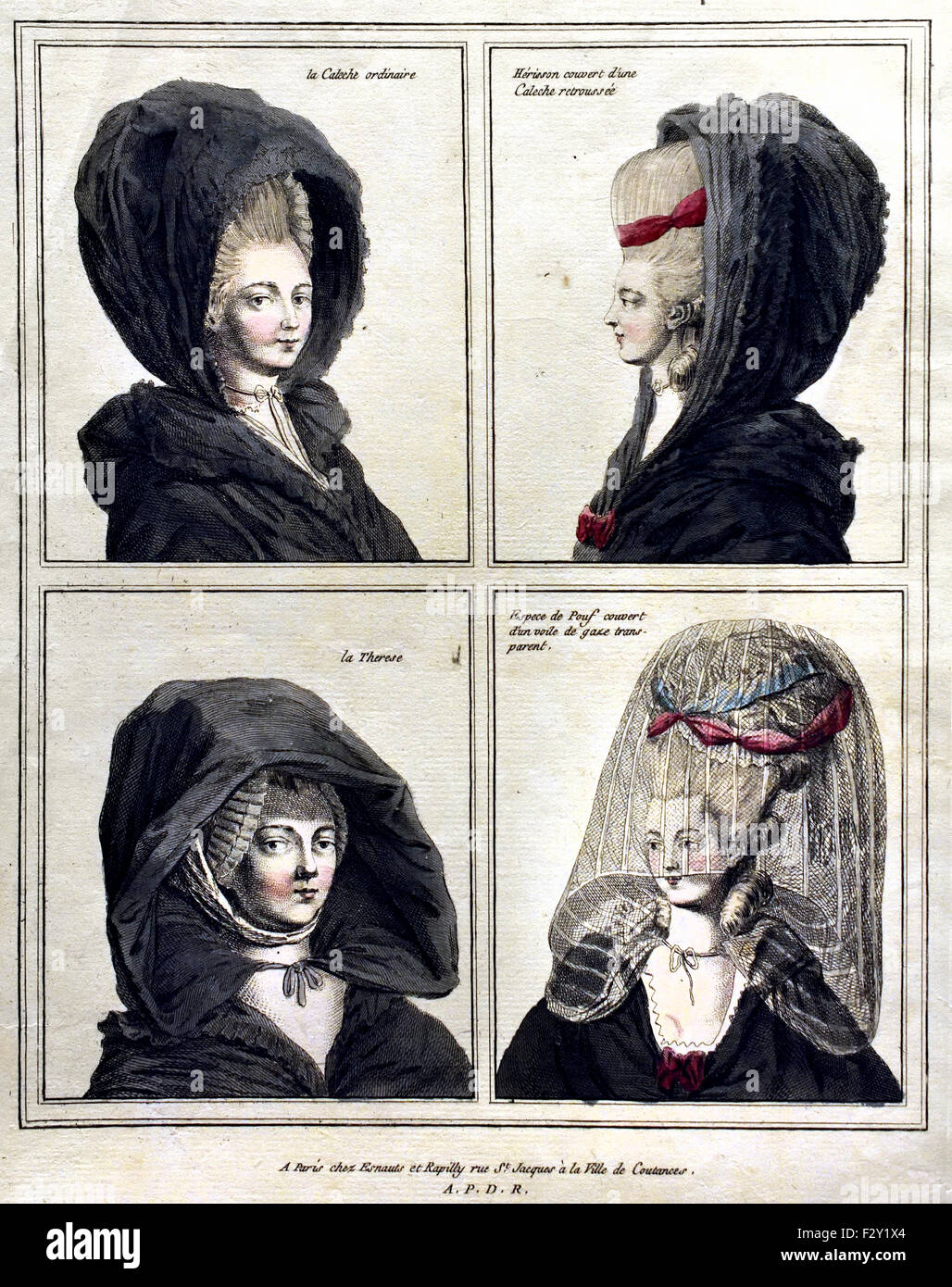 Coiffures francese, pouf, cappelli e berretti Coiffures e copricapo ( J. Pelicier Esnauts & Rapilly 1780 ) Parigi Francia Foto Stock