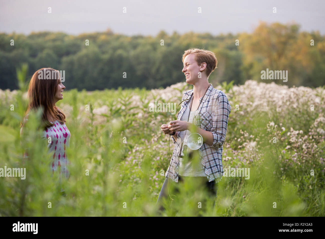 Due donne in piedi in un prato circondato da alte erbe e fiori selvatici. Foto Stock